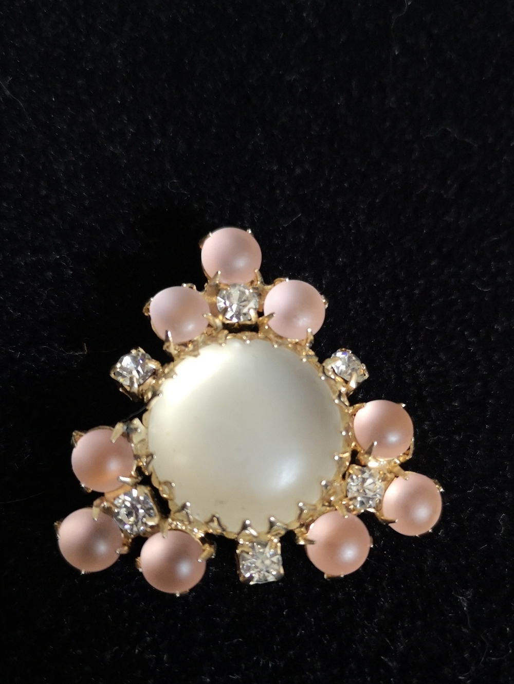 Stunning Estate Vintage Frosted White Pink Cabochon Triangle Brooch Rhinestones